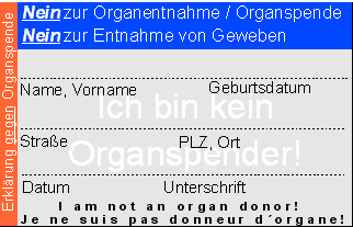 Organspendeausweis - Widerspruch (deutsch)