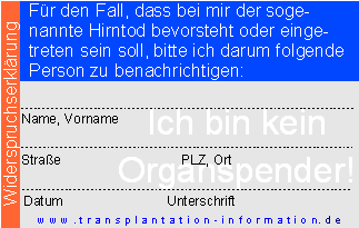 Organspendeausweis - Widerspruch (deutsch) Rückseite